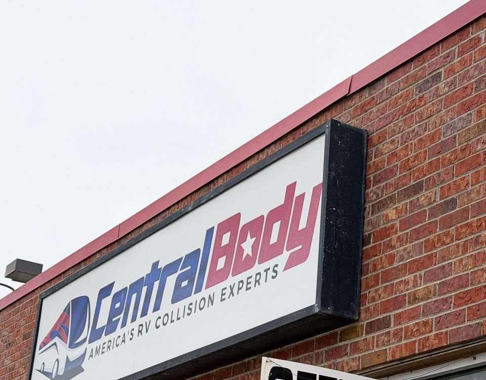 Central Body RV repair facility sign in Wichita KS showing professional RV collision repair company